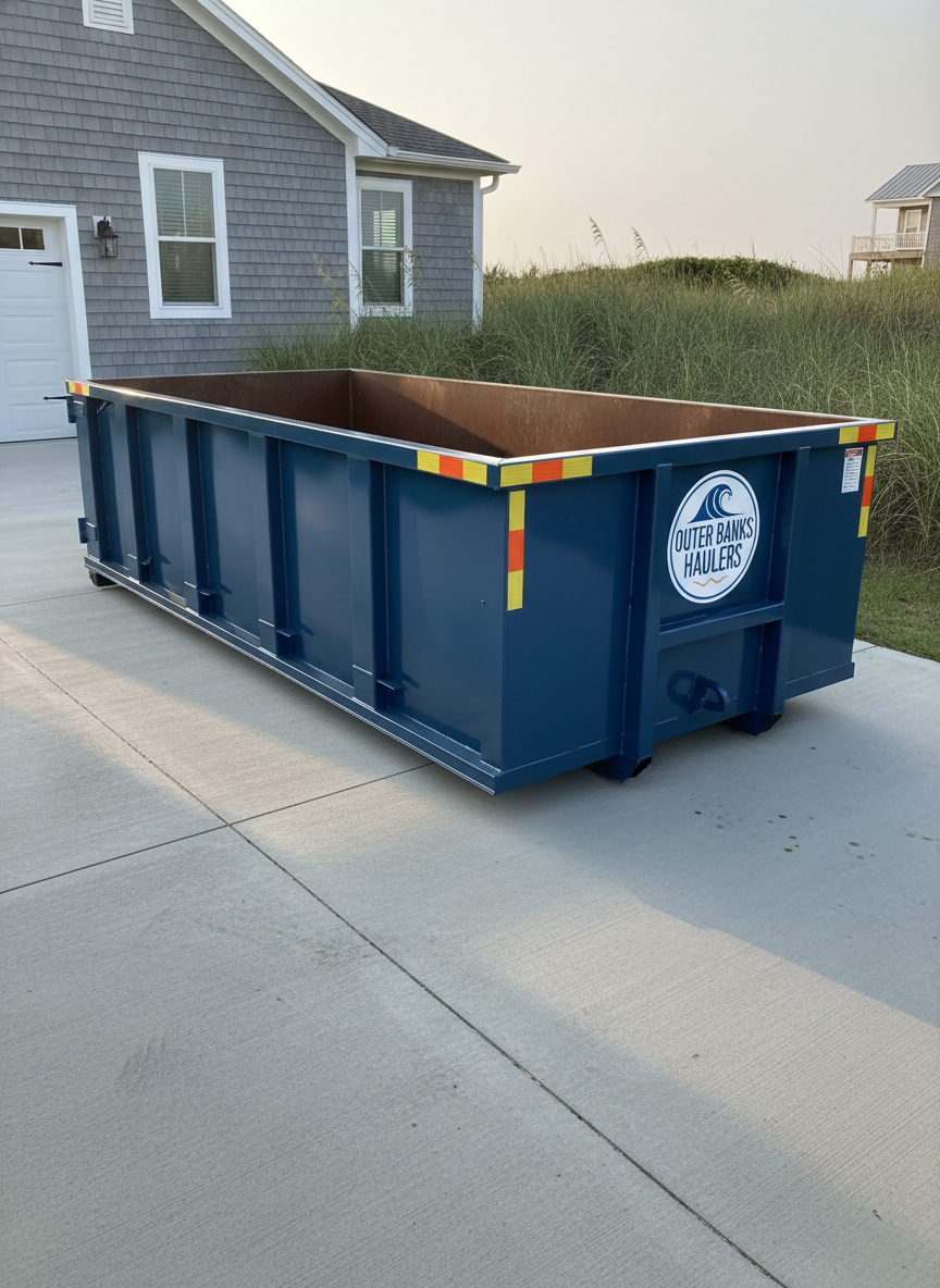 A clean, heavy-duty roll-off dumpster in bright, fresh company colors, neatly positioned on a smooth concrete driveway in a coastal Outer Banks neighborhood. The dumpster is empty and spotless inside, with clearly visible safety markings and a crisp logo on the side. Late afternoon sunlight casts soft, warm highlights along the metal edges, with gentle shadows stretching toward a well-kept beach cottage and dune grass in the softly blurred background. Photographic realism at eye level, using a wide-angle lens to show driveway clearance and surrounding space. The mood is professional, orderly, and reliable, emphasizing easy driveway placement and tidy junk removal service with a clean and modern aesthetic.