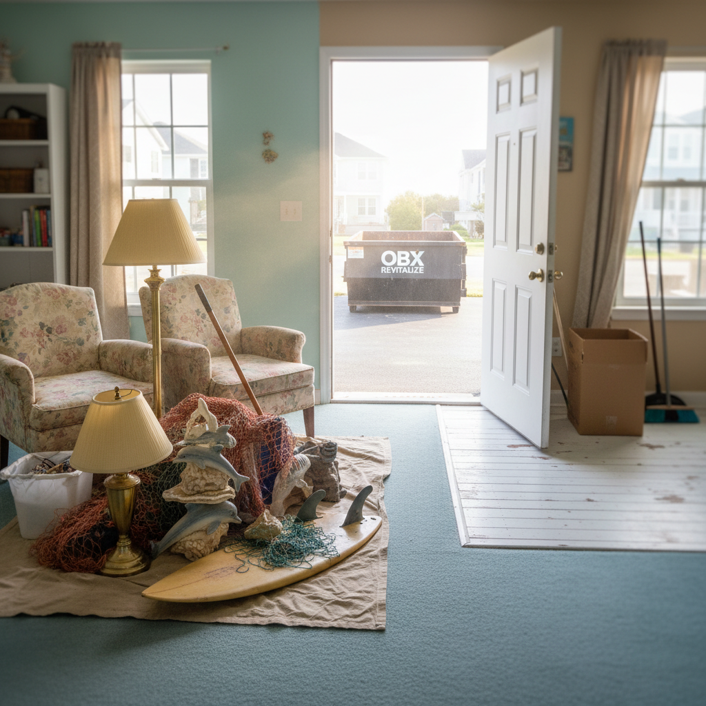 The interior of a small, cluttered OBX rental property mid-cleanout, with a wide doorway open to a bright driveway where a compact dumpster waits. Inside, unwanted items—old lamps, worn chairs, outdated decor, and broken beach gear—are grouped neatly near the exit, while cleared areas of carpet and hardwood flooring show progress. Soft, diffused daylight streams in from the open door and side windows, illuminating dust motes and creating a gentle glow on walls painted in light coastal hues. Photographic realism from an eye-level perspective, with a slight depth-of-field blur on the far corners of the room. The mood is orderly and optimistic, emphasizing respectful, efficient junk removal that refreshes vacation rentals between guests.