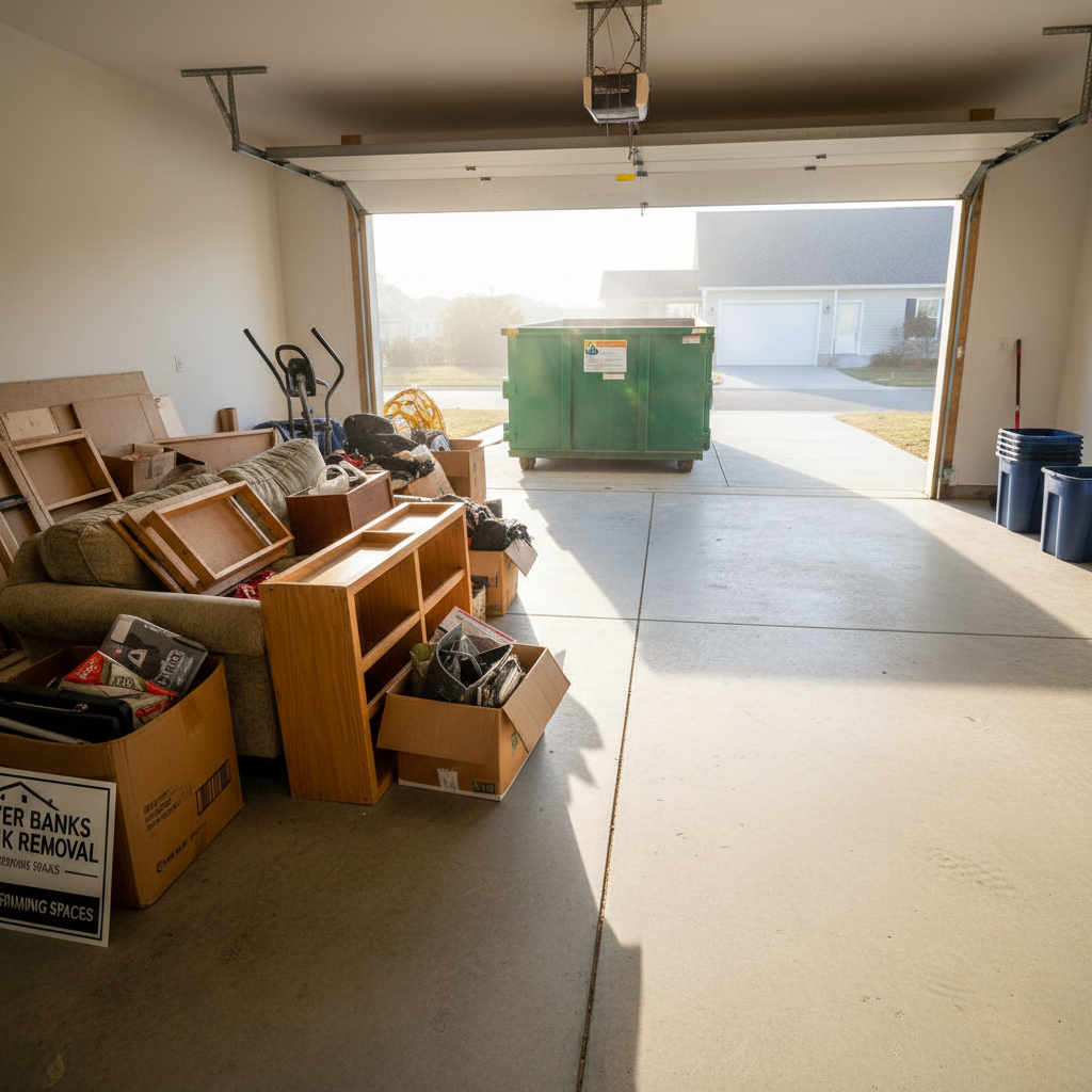 A spacious, tidy two-car garage midway through a junk removal cleanout, with a large, open-top dumpster parked just outside on the driveway. Inside the garage, organized piles of bulky items—old furniture, broken shelving, and worn-out boxes—are neatly staged near the open door, ready to be hauled. The floor is swept clean where junk has already been removed. Bright mid-morning natural light pours in from the open garage and driveway, creating clear, crisp shadows and a sense of progress. Photographic realism from a slightly elevated angle, sharp focus throughout. The mood is efficient and reassuring, highlighting before-and-after contrast and the professionalism of the Outer Banks junk removal process.