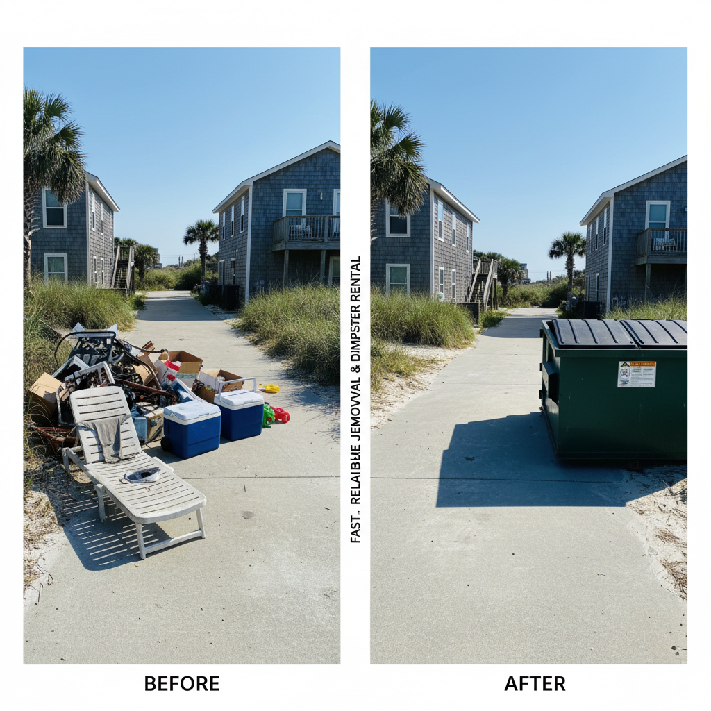 A meticulously staged before-and-after driveway scene in photographic realism, split down the center. On the left, a cluttered Outer Banks driveway overrun with bulky junk—worn-out patio furniture, broken coolers, scattered boxes—extends toward a beach house. On the right, the same driveway is completely clear, surfaces clean, with a neat, closed dumpster parked at the edge of the property ready for pickup. The lighting matches across both halves, using bright, even midday coastal sunlight that creates clear, natural shadows and vivid colors. Shot from an elevated angle to capture the full extent of transformation. The mood is satisfying and professional, underscoring the dramatic impact of fast, reliable junk removal and dumpster rental services.