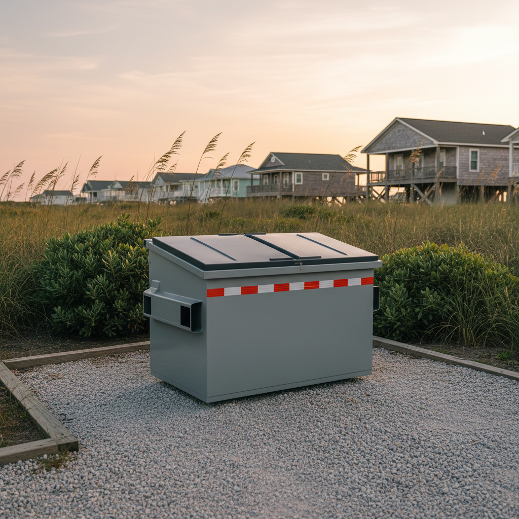A scenic Outer Banks beach cottage street with a tidy, low-profile dumpster positioned precisely in a short gravel driveway, framed by sea oats and coastal shrubs. The dumpster lid is closed, exterior immaculate, with reflective safety tape catching soft golden-hour light. In the distance, weathered but well-maintained beach houses rise on pilings, slightly blurred to keep focus on the dumpster’s clean lines and careful placement. The sky glows with warm, diffused sunset tones, giving gentle highlights to the metal surface and subtle shadows along the driveway. Photographic realism, captured from a three-quarter front angle at eye level. The atmosphere feels calm, professional, and coastal, communicating hassle-free dumpster rental in a vacation-home setting.