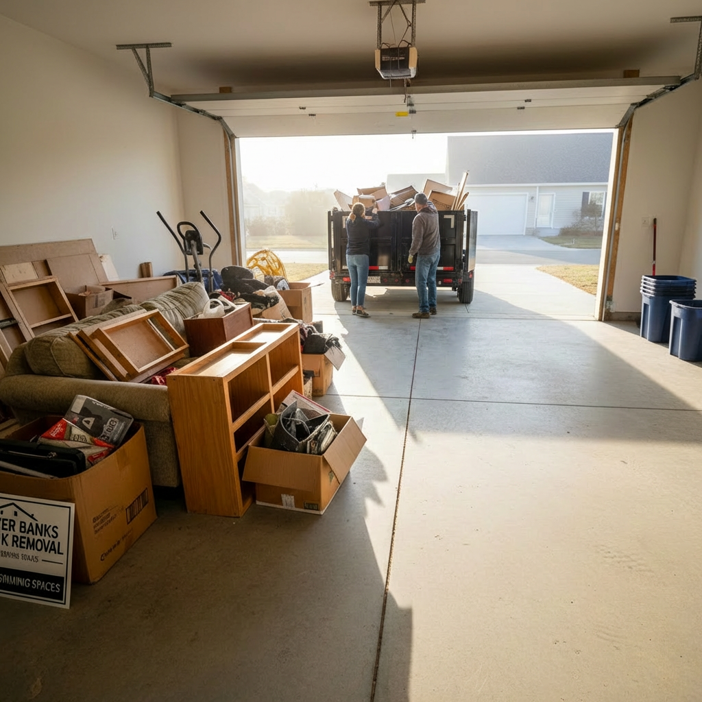A spacious, tidy two-car garage midway through a junk removal cleanout, with a large, open-top dumpster parked just outside on the driveway. Inside the garage, organized piles of bulky items—old furniture, broken shelving, and worn-out boxes—are neatly staged near the open door, ready to be hauled. The floor is swept clean where junk has already been removed. Bright mid-morning natural light pours in from the open garage and driveway, creating clear, crisp shadows and a sense of progress. Photographic realism from a slightly elevated angle, sharp focus throughout. The mood is efficient and reassuring, highlighting before-and-after contrast and the professionalism of the Outer Banks junk removal process.