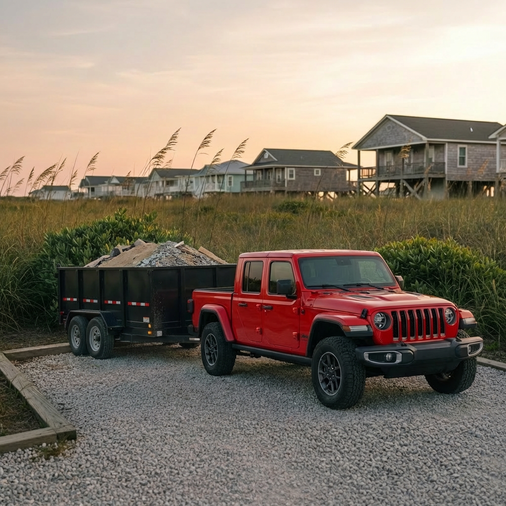 A scenic Outer Banks beach cottage street with a tidy, low-profile dumpster positioned precisely in a short gravel driveway, framed by sea oats and coastal shrubs. The dumpster lid is closed, exterior immaculate, with reflective safety tape catching soft golden-hour light. In the distance, weathered but well-maintained beach houses rise on pilings, slightly blurred to keep focus on the dumpster’s clean lines and careful placement. The sky glows with warm, diffused sunset tones, giving gentle highlights to the metal surface and subtle shadows along the driveway. Photographic realism, captured from a three-quarter front angle at eye level. The atmosphere feels calm, professional, and coastal, communicating hassle-free dumpster rental in a vacation-home setting.