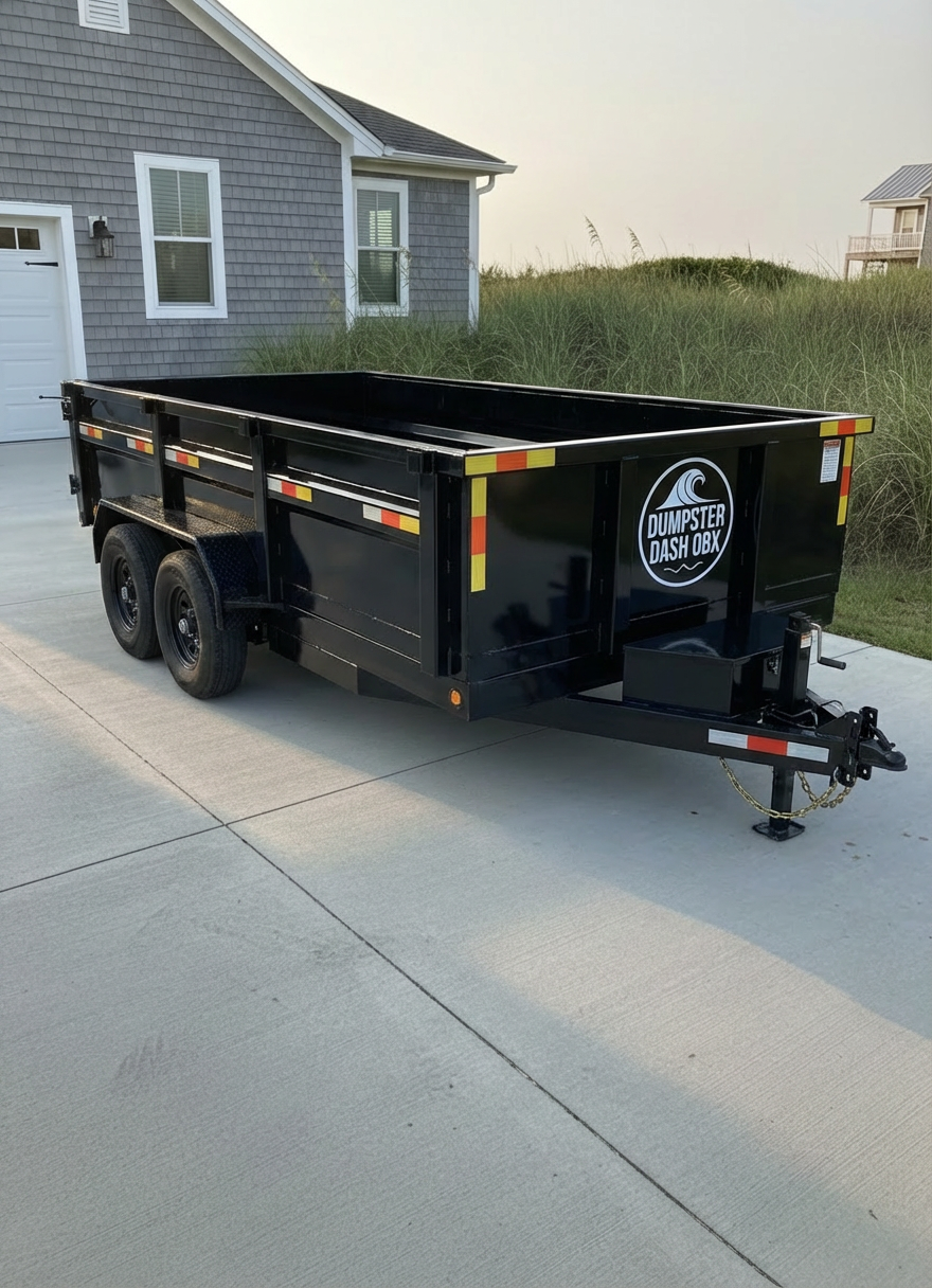 A clean, heavy-duty roll-off dumpster in bright, fresh company colors, neatly positioned on a smooth concrete driveway in a coastal Outer Banks neighborhood. The dumpster is empty and spotless inside, with clearly visible safety markings and a crisp logo on the side. Late afternoon sunlight casts soft, warm highlights along the metal edges, with gentle shadows stretching toward a well-kept beach cottage and dune grass in the softly blurred background. Photographic realism at eye level, using a wide-angle lens to show driveway clearance and surrounding space. The mood is professional, orderly, and reliable, emphasizing easy driveway placement and tidy junk removal service with a clean and modern aesthetic.